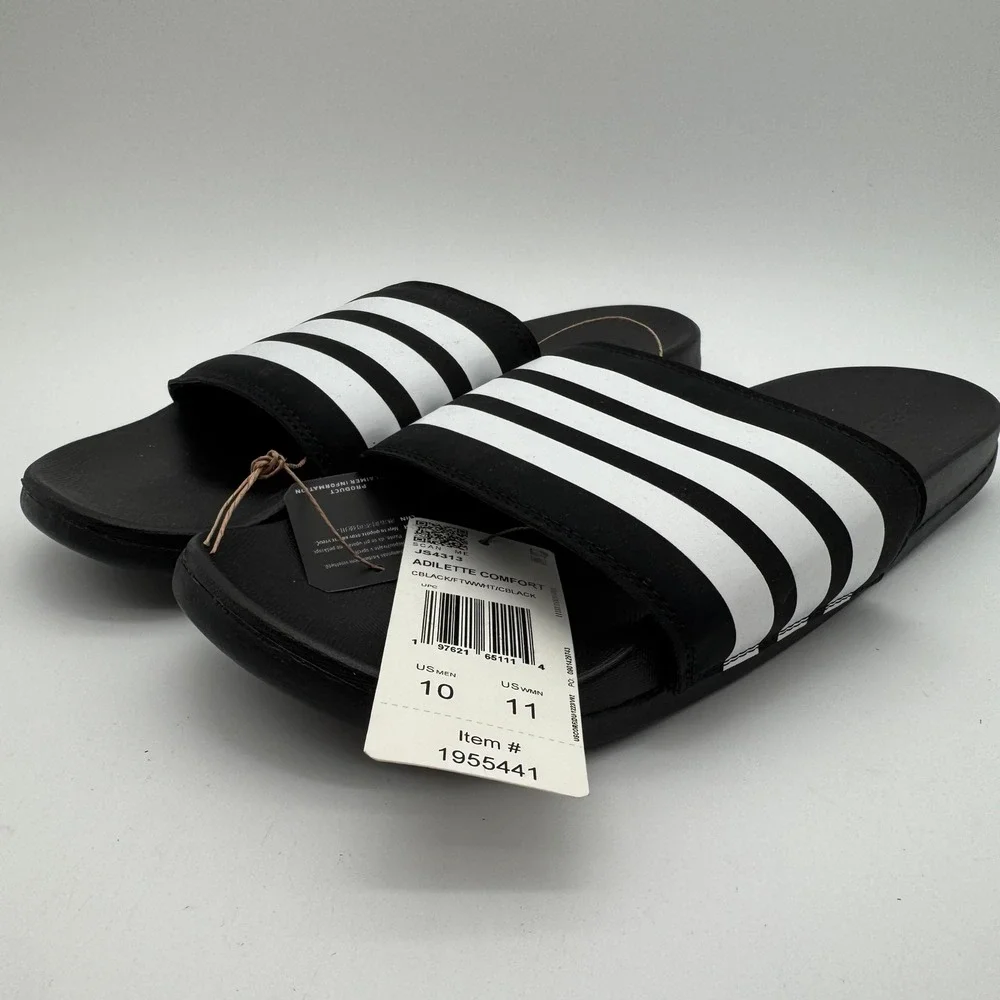 Adidas Adilette Comfort‎ Slides Black White Sandals Men's Size 10 New